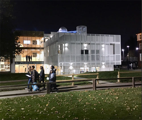 The Oppenheimer Observatory building at night