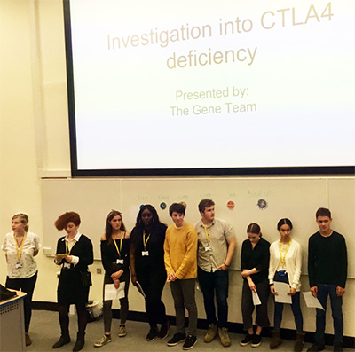 Year 12 Biology students present their work from the gene editing research project at the UCL Institute Of Transplantation Open Day / Schools Symposium